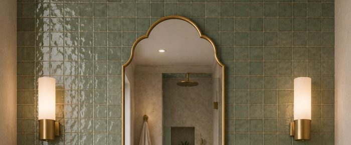 Handmade triple arch brass wall mirror with solid brass frame and clear glass displayed above a bathroom vanity.