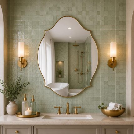 Handmade curved crown brass wall mirror with scalloped edges and solid brass frame above bathroom vanity.