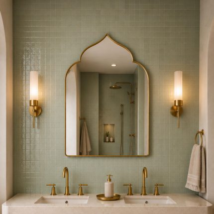Handmade pointed arch brass wall mirror with curved shoulders and slim solid brass frame above a double bathroom vanity.