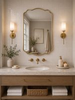 Scalloped Arch Brass Mirror handcrafted with a solid brass frame for bathroom wall décor