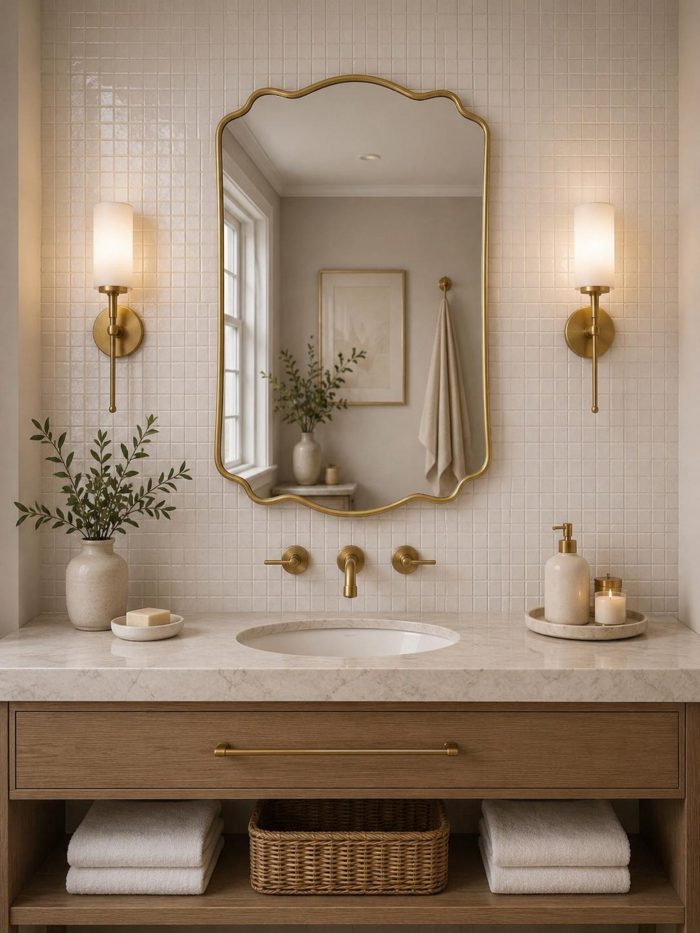 Scalloped Arch Brass Mirror handcrafted with a solid brass frame for bathroom wall décor