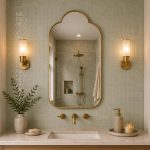 Clover Arch Brass Mirror with handcrafted brass frame styled above a modern bathroom vanity