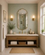 Handmade Moroccan Scalloped Brass Mirror with decorative floral shape above bathroom vanity