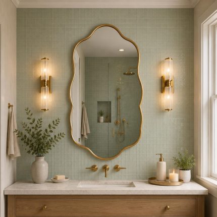 Wavy Brass Bathroom Mirror with handmade brass frame above bathroom vanity