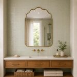 Handmade brass bathroom mirror with cloud arch top and slim brass frame
