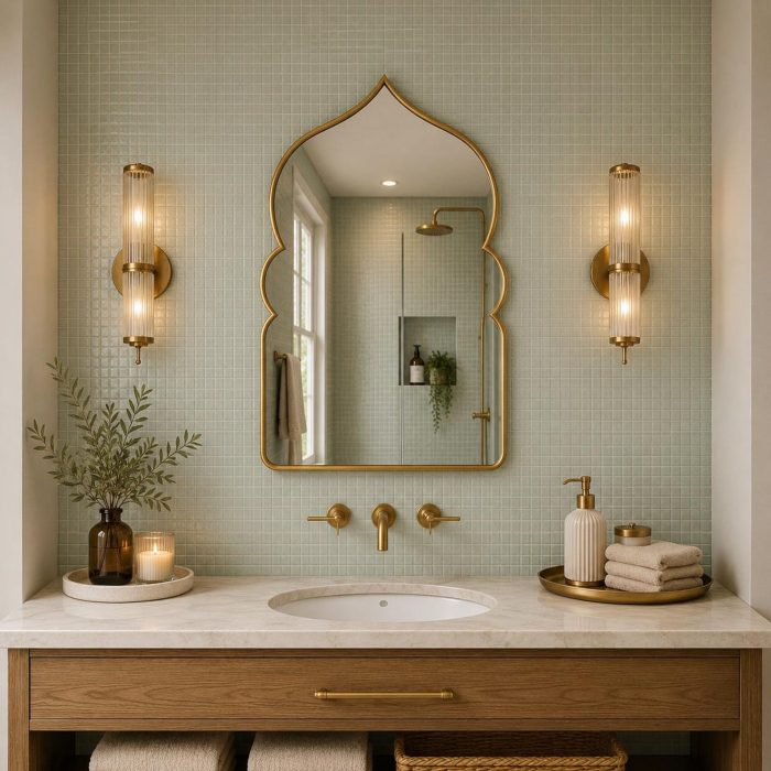 Moroccan Arch Brass Mirror with pointed Moorish shape above bathroom vanity