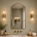 Rounded Arch Brass Mirror above bathroom vanity with handmade brass frame