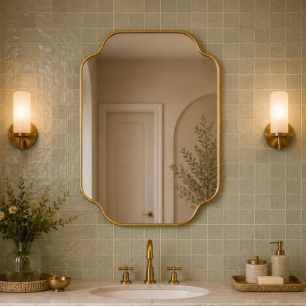 Stepped Corner Brass Mirror with slim brass frame above wooden bathroom vanity