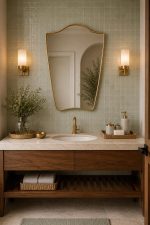 Flared Brass Wall Mirror with handmade sculpted brass frame above bathroom vanity