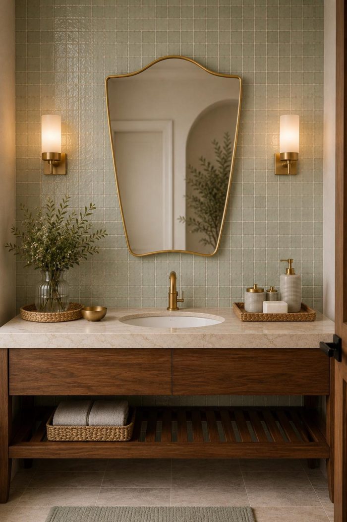 Flared Brass Wall Mirror with handmade sculpted brass frame above bathroom vanity