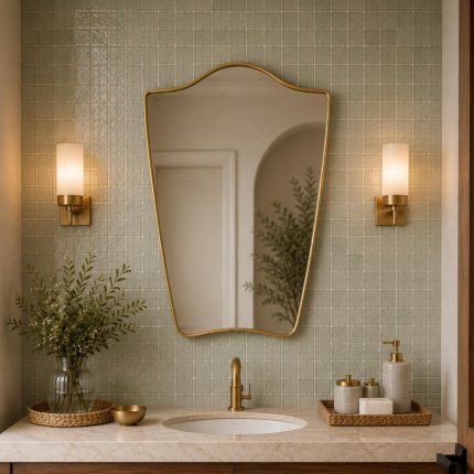 Flared Brass Wall Mirror with handmade sculpted brass frame above bathroom vanity