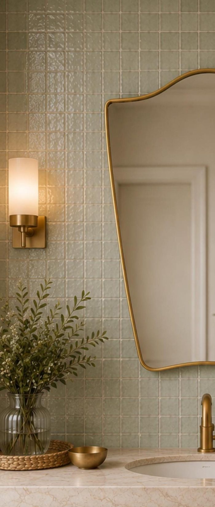 Flared Brass Wall Mirror with handmade sculpted brass frame above bathroom vanity