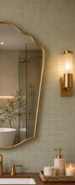 Handmade Scalloped Crown Brass Mirror above wood vanity with brass fixtures