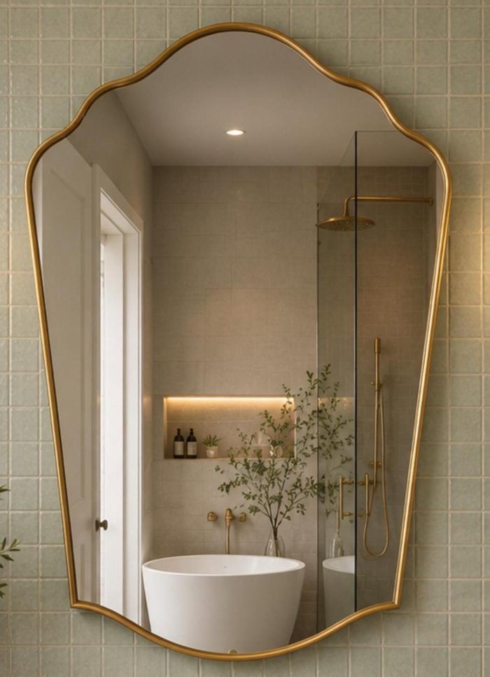 Handmade Scalloped Crown Brass Mirror above wood vanity with brass fixtures