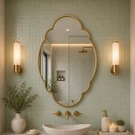 Quatrefoil Brass Mirror with sculpted frame above bathroom vanity