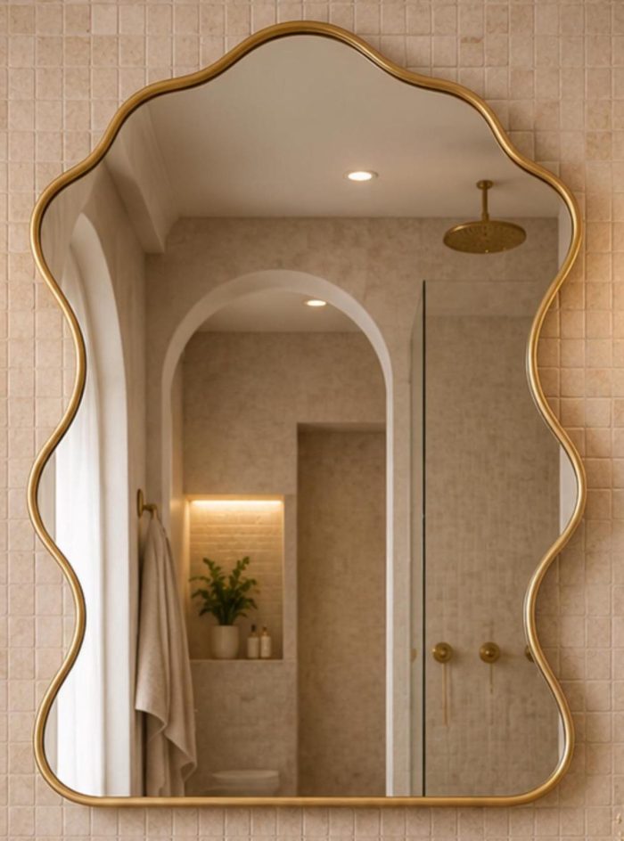 Cloud Brass Mirror handcrafted with an organic wavy brass frame for bathroom wall décor