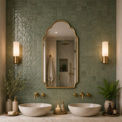 Handmade triple arch brass wall mirror with solid brass frame and clear glass displayed above a bathroom vanity.