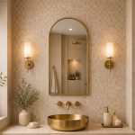 Handmade arched brass wall mirror with slim gold brass frame displayed above a bathroom vanity.