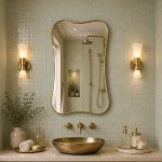 Handmade wavy rectangle brass wall mirror with organic curved edges and solid brass frame above bathroom vanity.