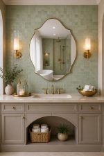 Handmade curved crown brass wall mirror with scalloped edges and solid brass frame above bathroom vanity.