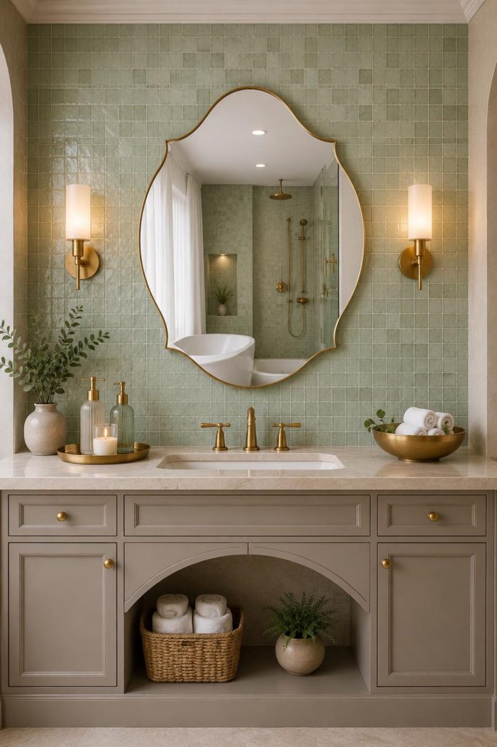 Handmade curved crown brass wall mirror with scalloped edges and solid brass frame above bathroom vanity.
