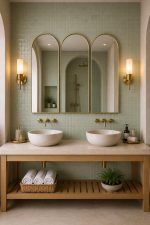 Set of 3 handmade arched brass wall mirrors with slim solid brass frames above a double bathroom vanity.