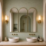 Set of 3 handmade arched brass wall mirrors with slim solid brass frames above a double bathroom vanity.