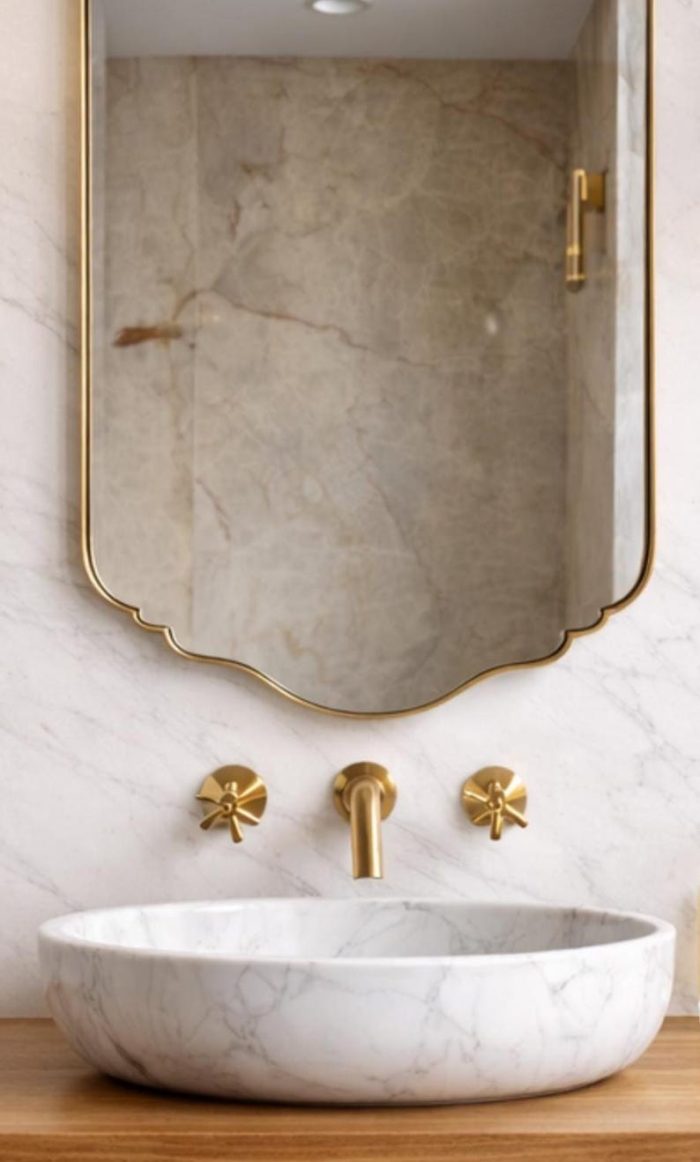 Handmade Moroccan Brass Scalloped Mirror with decorative curved brass frame