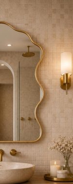 Cloud Brass Mirror handcrafted with an organic wavy brass frame for bathroom wall décor