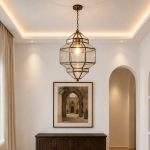 Moroccan Glass Lantern Pendant Light with clear glass panels and handmade geometric metal frame
