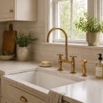 Antique brass bridge faucet with high arc gooseneck spout, cross handles and side sprayer